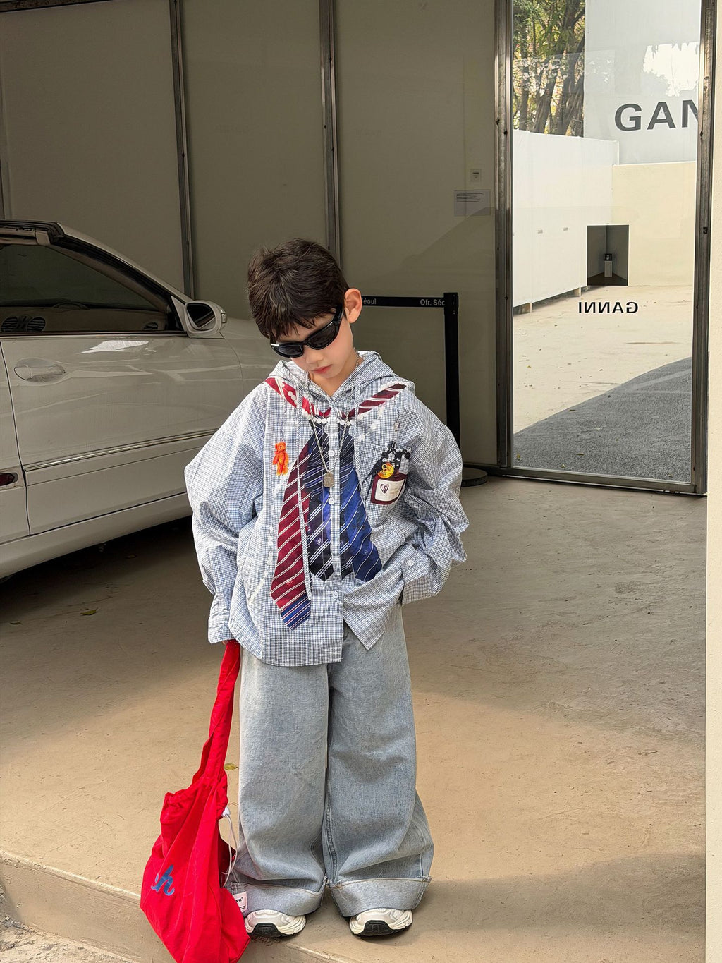 【90-160cm】韓版寬鬆休閒印花連帽襯衫