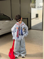 【90-160cm】韓版寬鬆休閒印花連帽襯衫