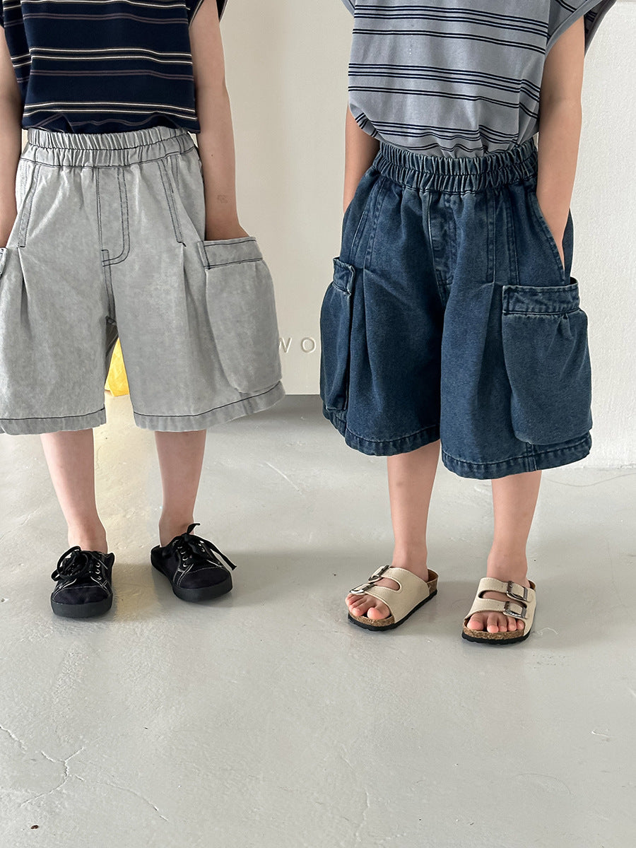 【80-140cm】做舊寬鬆口袋工裝牛仔中褲