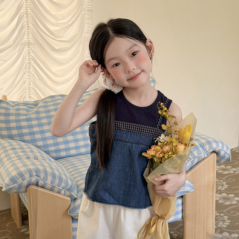 【100-170cm】復古格子拼接牛仔吊帶 | 內搭小背心