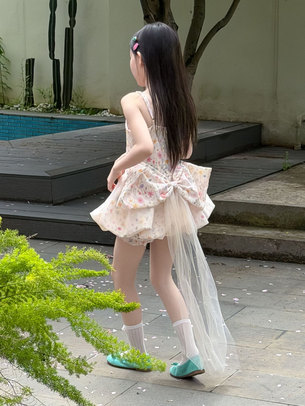 【90-160cm】碎花蝴蝶結網紗拖尾公主裙