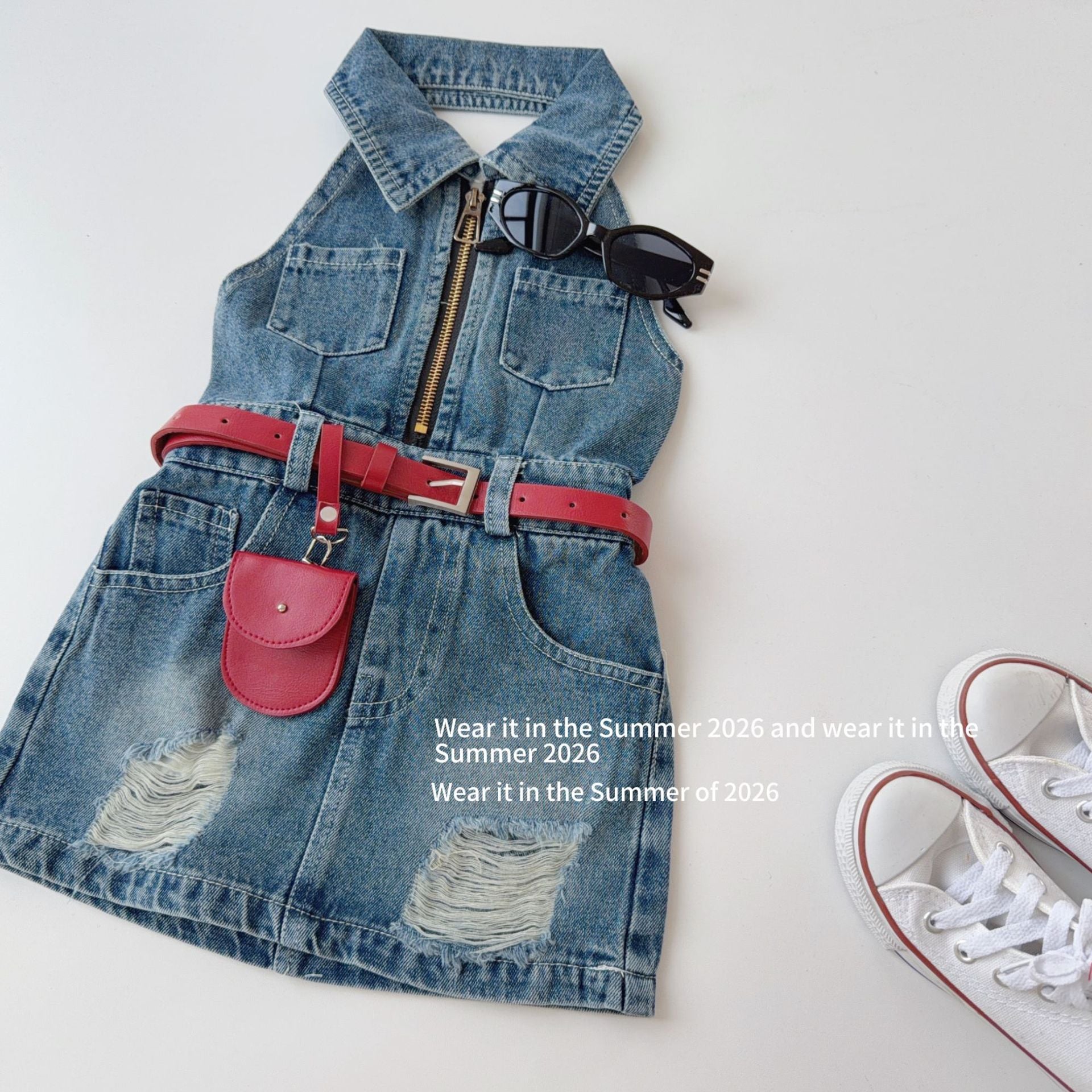 【90-150cm】【送包包皮帶】復古露背掛脖無袖翻領拉鍊高腰連身裙