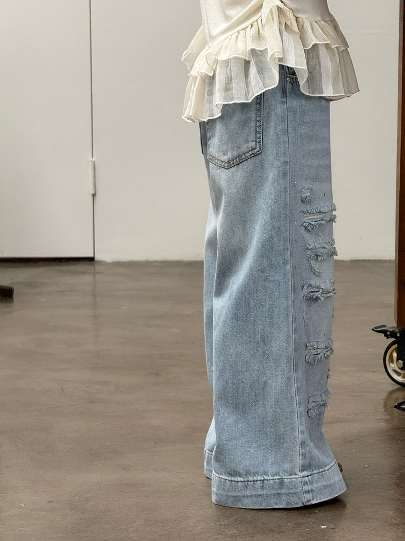 【120-160cm】破洞鑽牛仔直筒褲