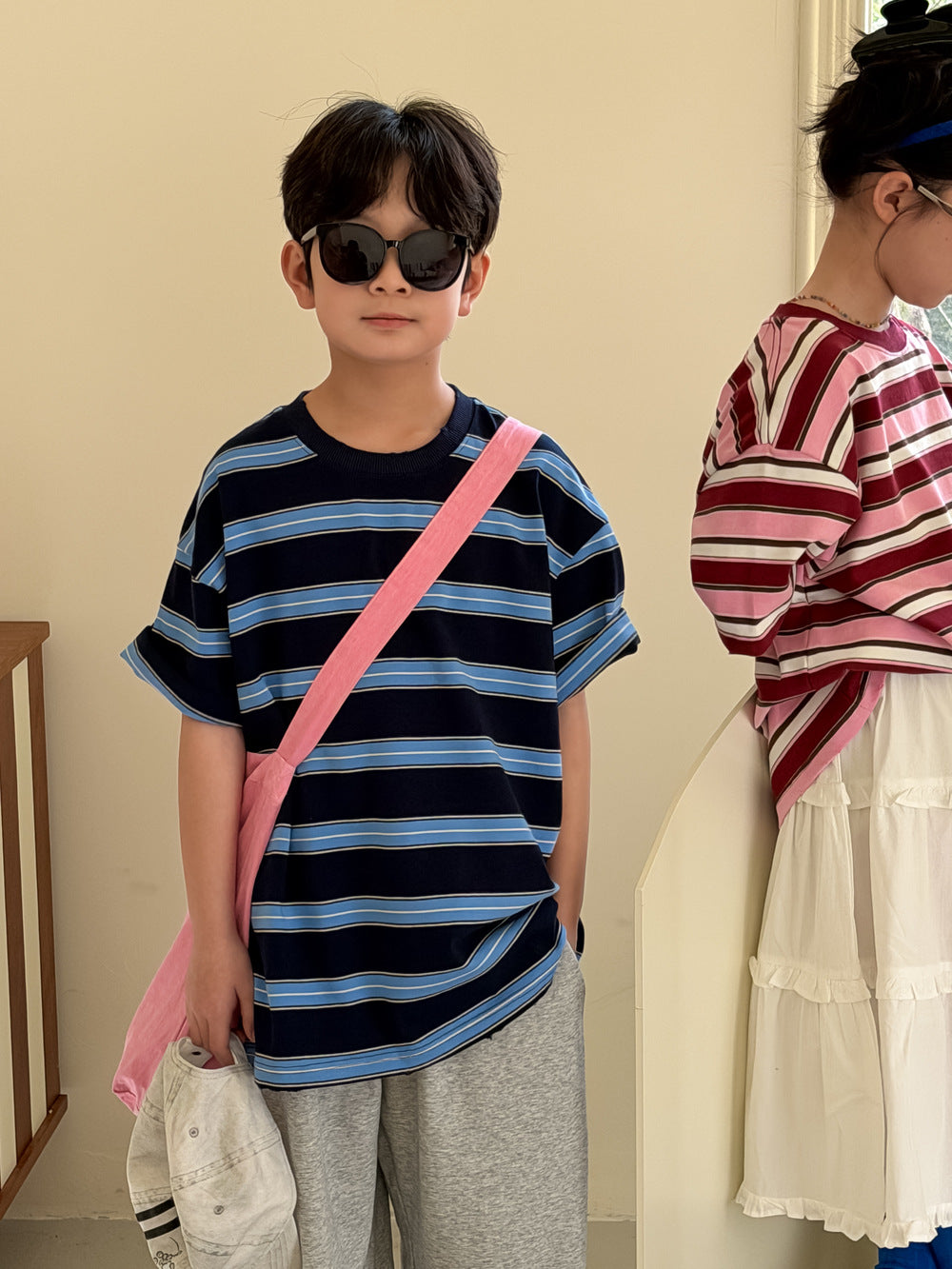 【100-160cm】寬條紋寬鬆圓領上衣