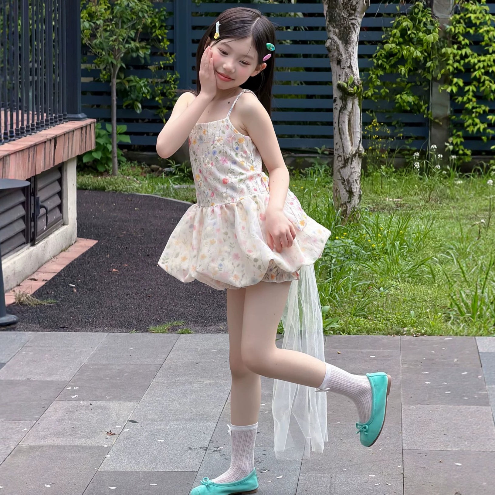 【90-160cm】碎花蝴蝶結網紗拖尾公主裙