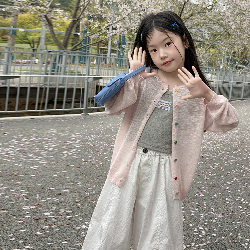【100-170cm】3色-韓系竹節麻針織彩扣防曬外套