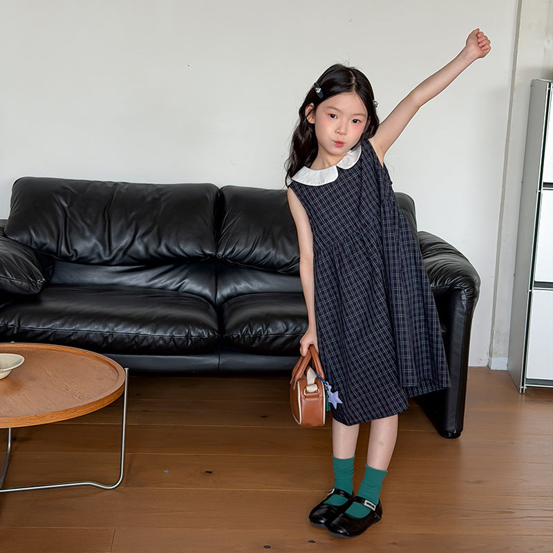 【100-170cm】韓系學院風復古格子娃娃領背心裙