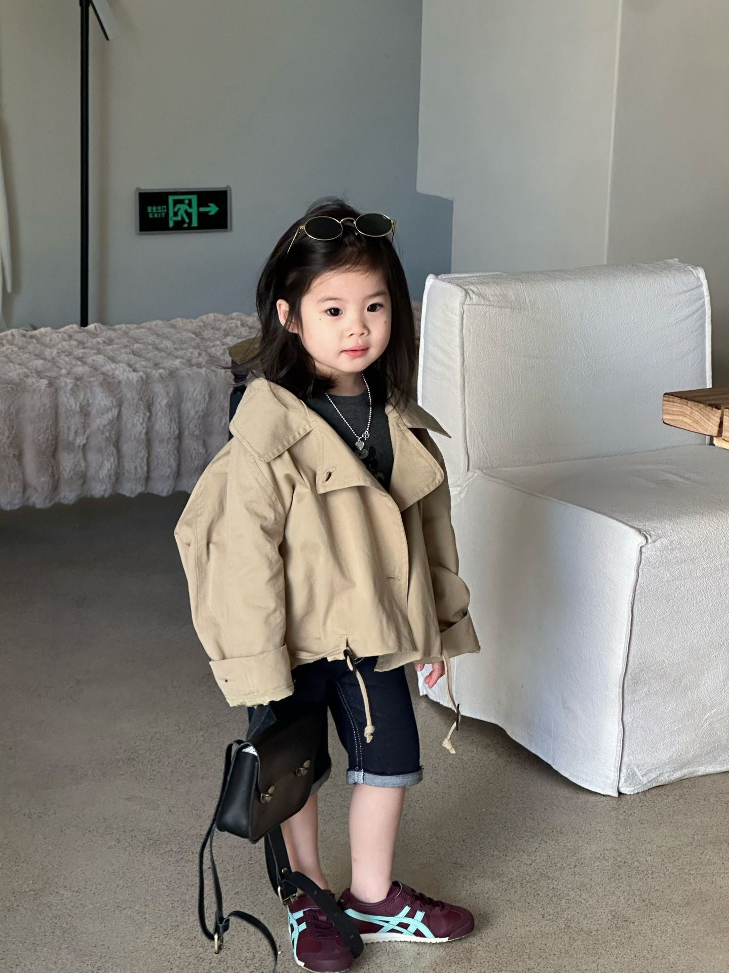 【90-140cm】大翻領短版風衣 |牛仔短褲