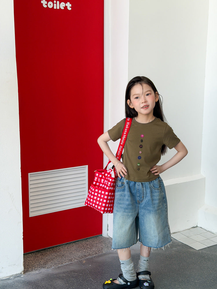 【100-170cm】韓版修身正肩彩扣T