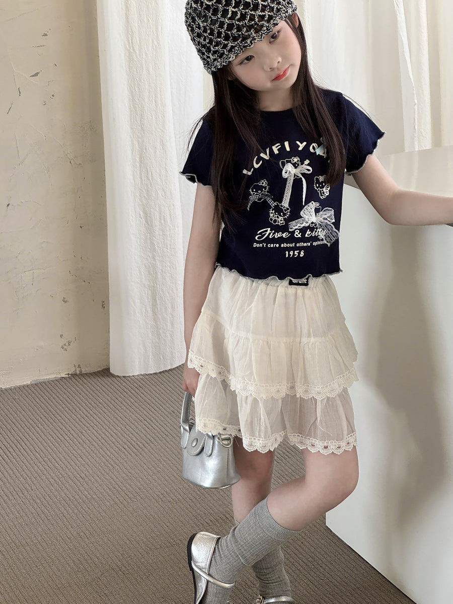 【100-150cm】甜美蕾絲蝴蝶結T