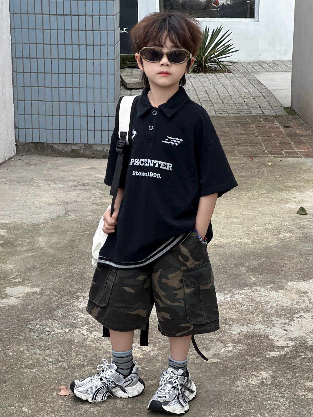 【100-160cm】字母拼接假兩件翻領短袖POLO衫