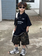 【100-160cm】字母拼接假兩件翻領短袖POLO衫