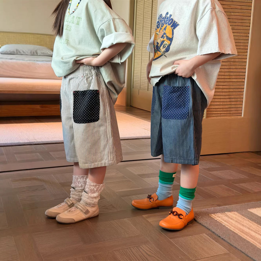 【90-150cm】日系條紋貼標牛仔五分褲