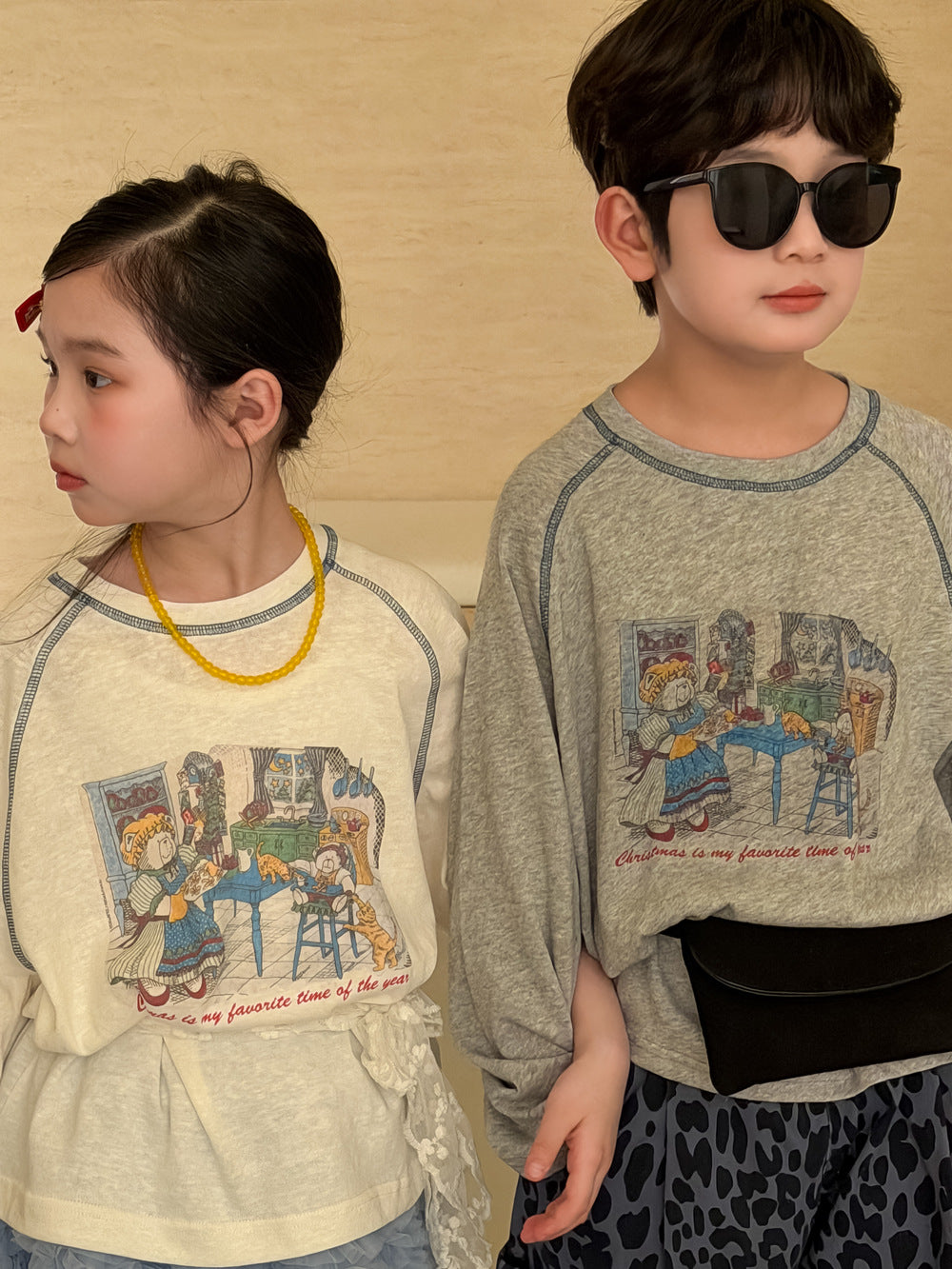 【100-160cm】卡通字母印花圓領長袖T