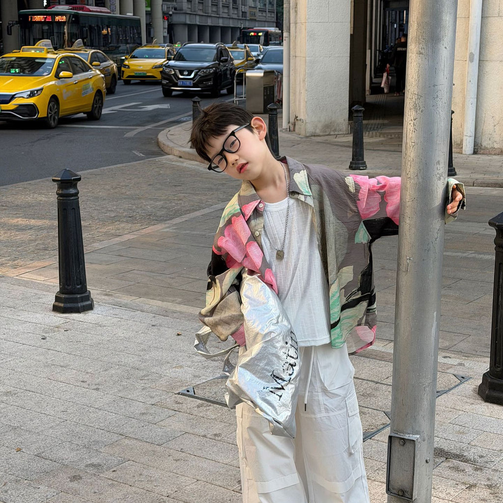 【90-160cm】韓版撞色花慵懶風防曬襯衫