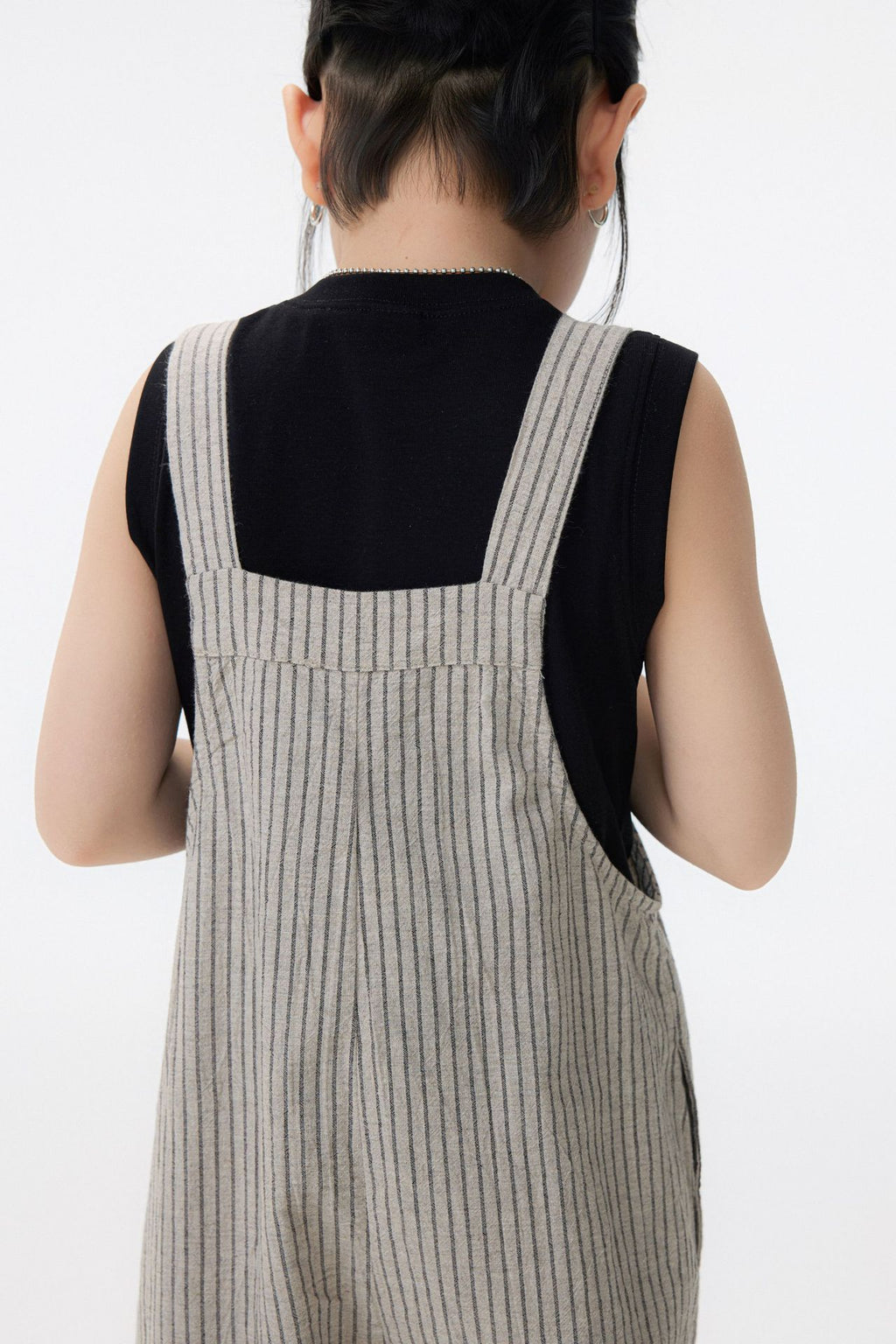 【90-150cm】日系條紋七分吊帶褲