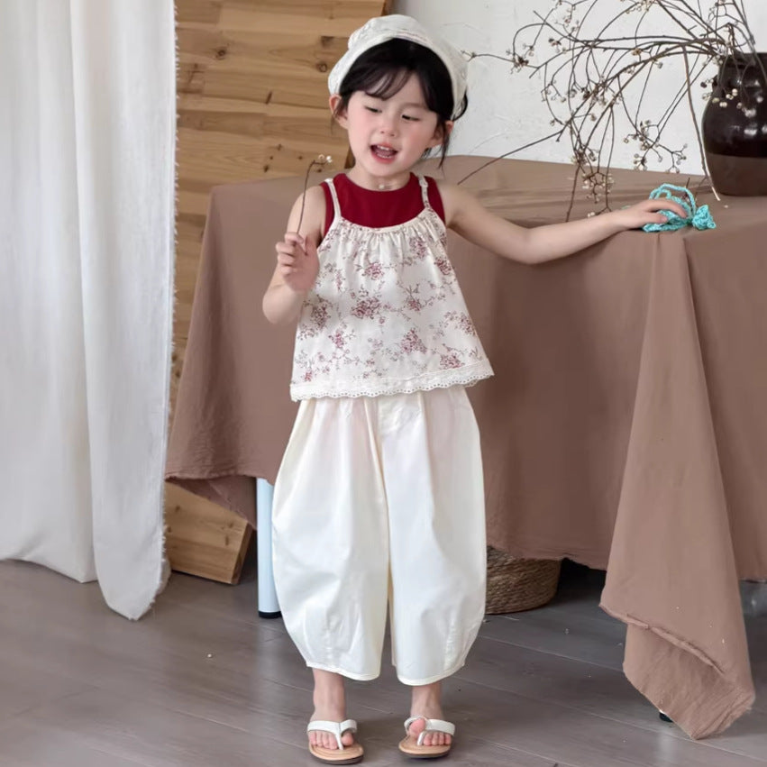 【90-140cm】韓版碎花無袖背心兩件套
