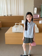 【100-170cm】條紋飛袖學院風花邊襯衫 | 短裙