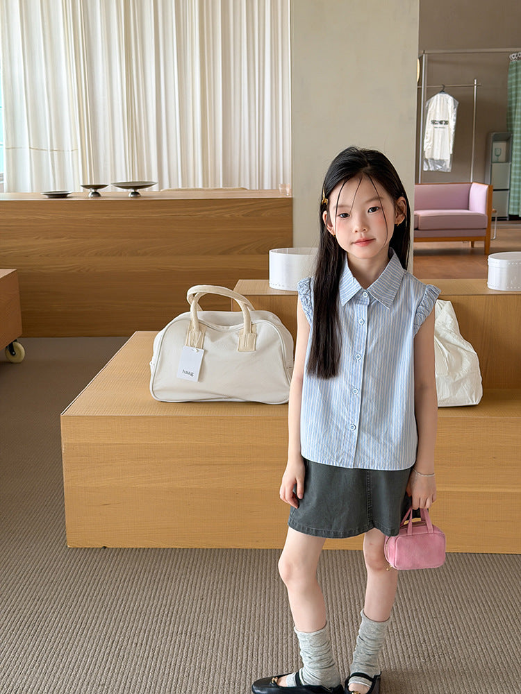 【100-170cm】條紋飛袖學院風花邊襯衫 | 短裙