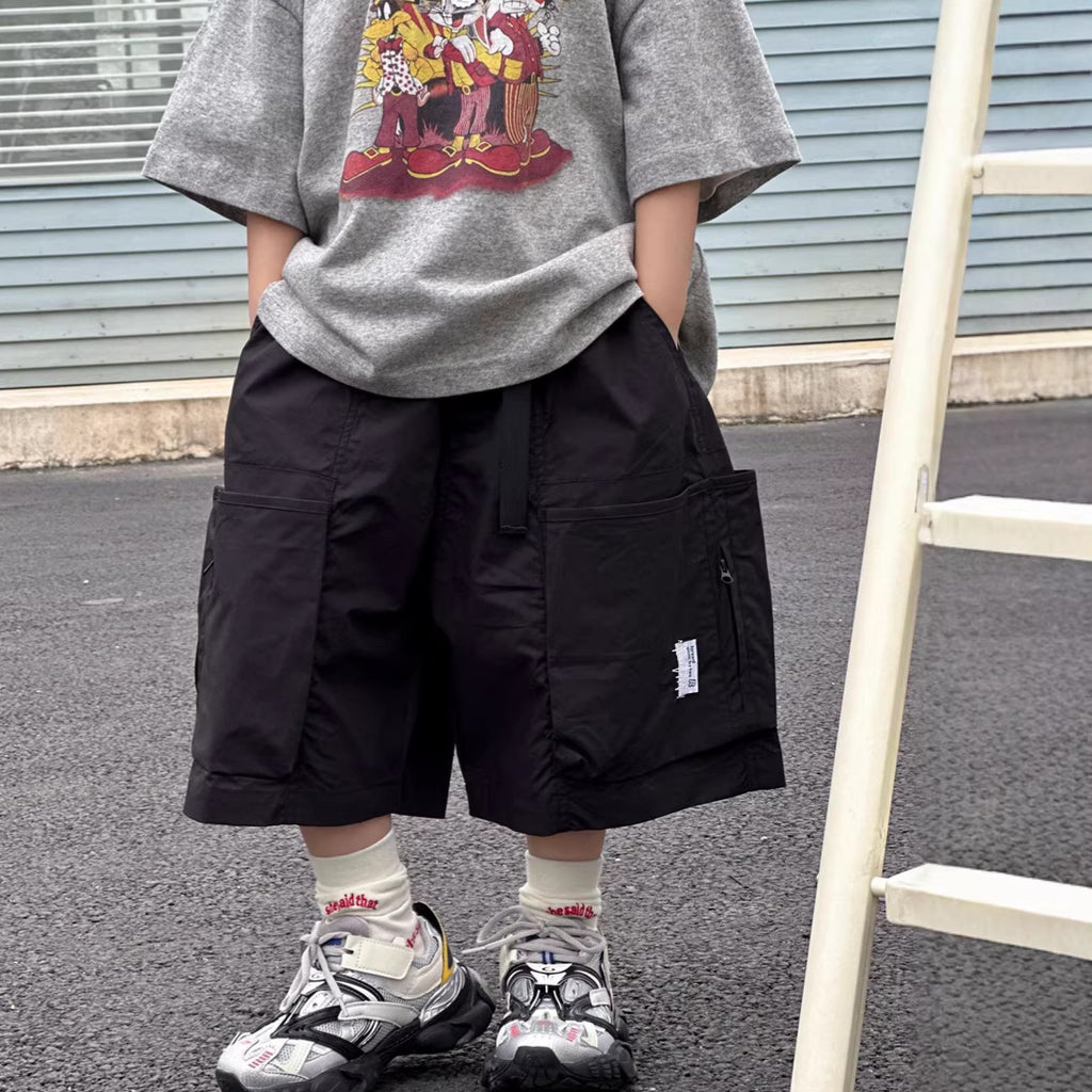 【100-160cm】大口袋拉鍊工裝五分褲