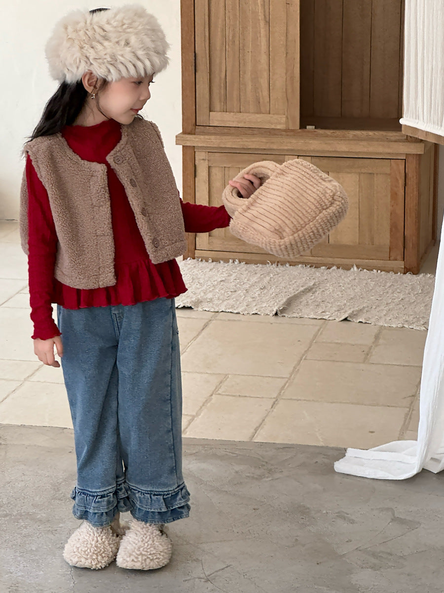 【現貨 110cm】【加絨】花邊褲腳直筒褲