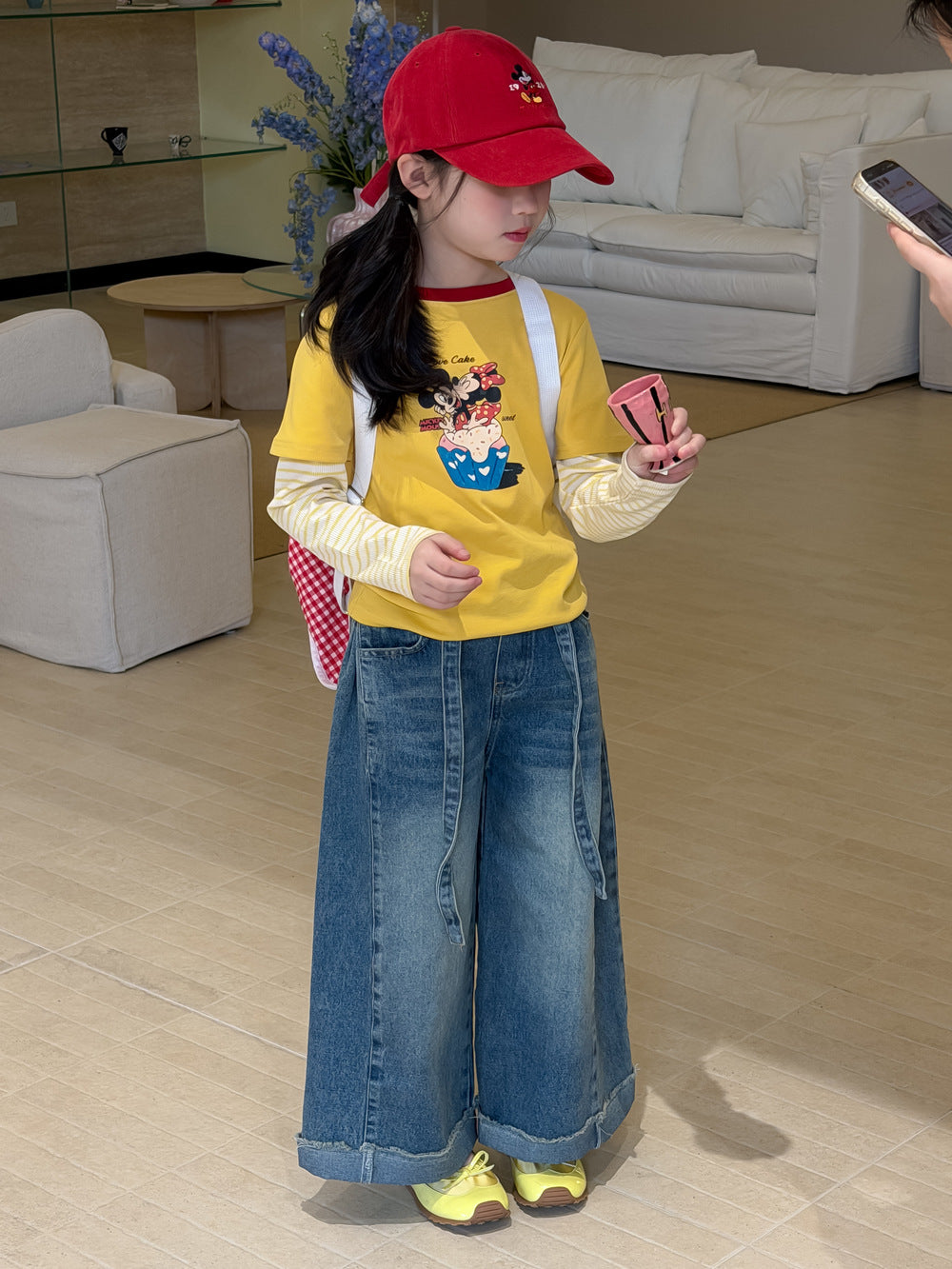 【100-160cm】韓版拼接米奇米妮假兩件上衣