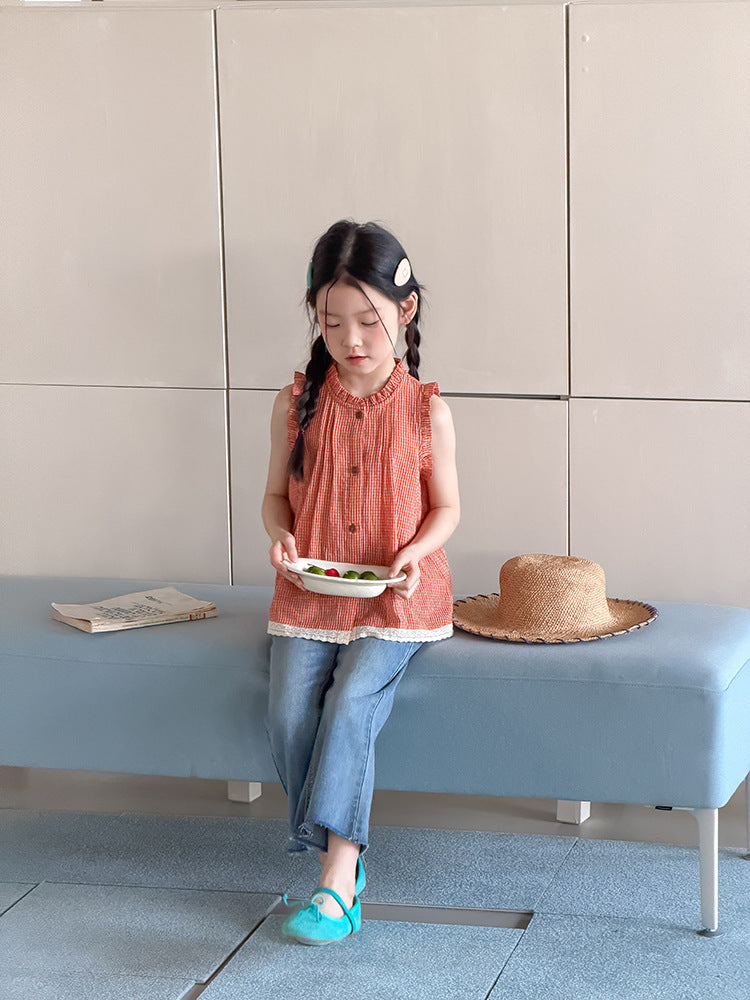 【100-170cm】蕾絲花邊格紋背心