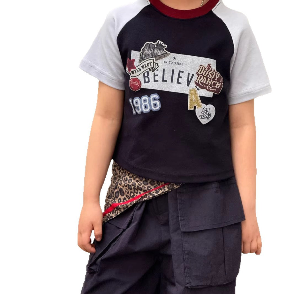 【120-160cm】插肩彈性印花T