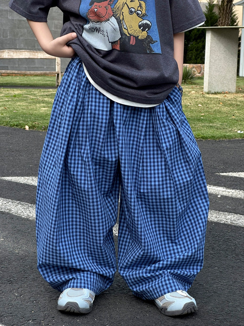【100-160cm】藍格子寬鬆九分蘿蔔褲
