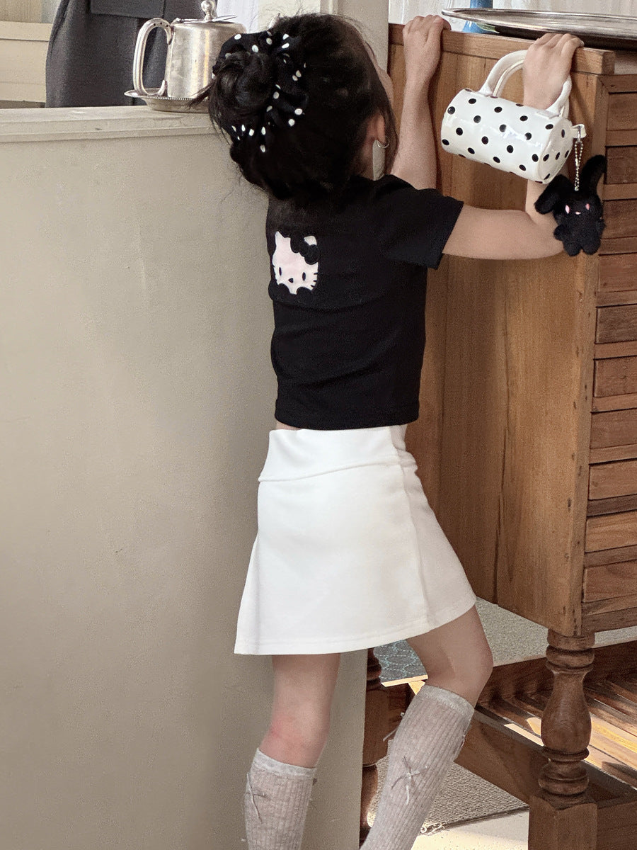 【100-150cm】韓版鏤空KT刺繡修身正肩上衣