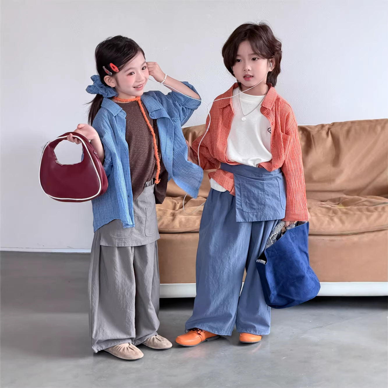 【90-150cm】韓版翻領細格子襯衫