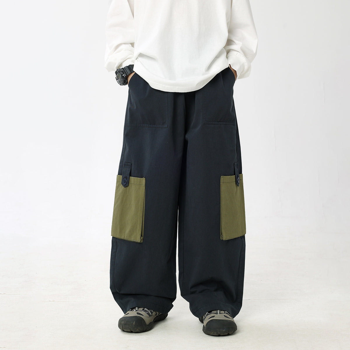【110-170cm】꒰2色꒱撞色口袋工裝褲