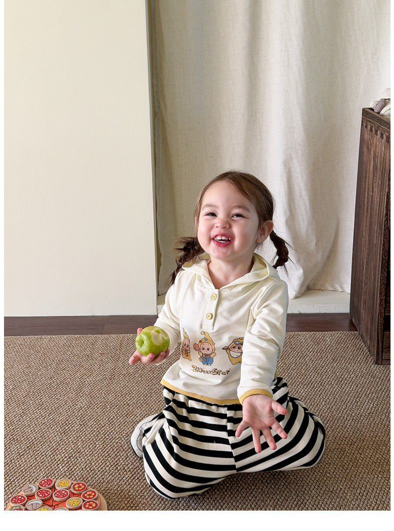 【73-110cm】星星連帽長袖 | 黃色針織開衫 | 條紋束腳褲