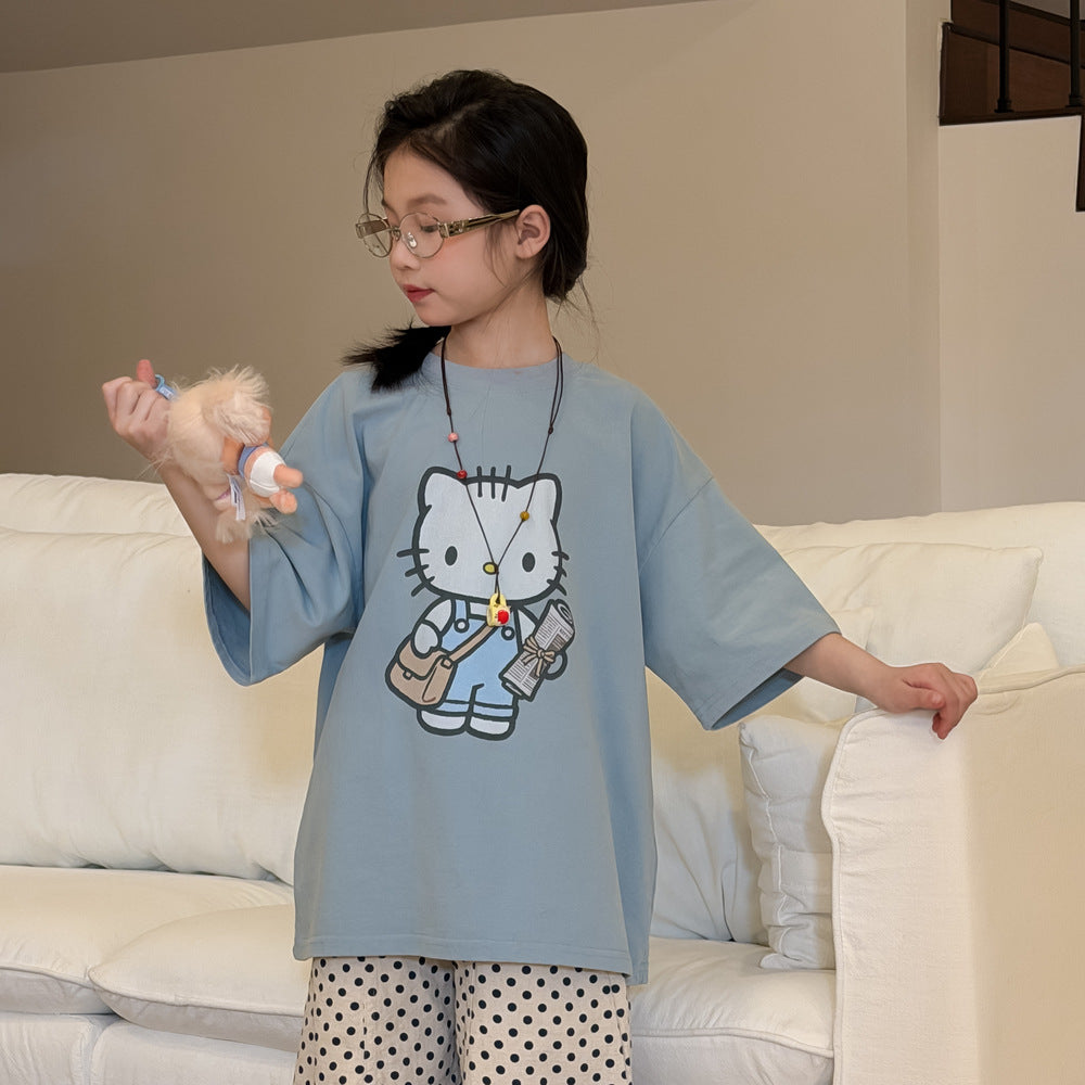 【現貨-褲140cm | 100-160cm】kitty休閒圓領上衣 | 波點褲