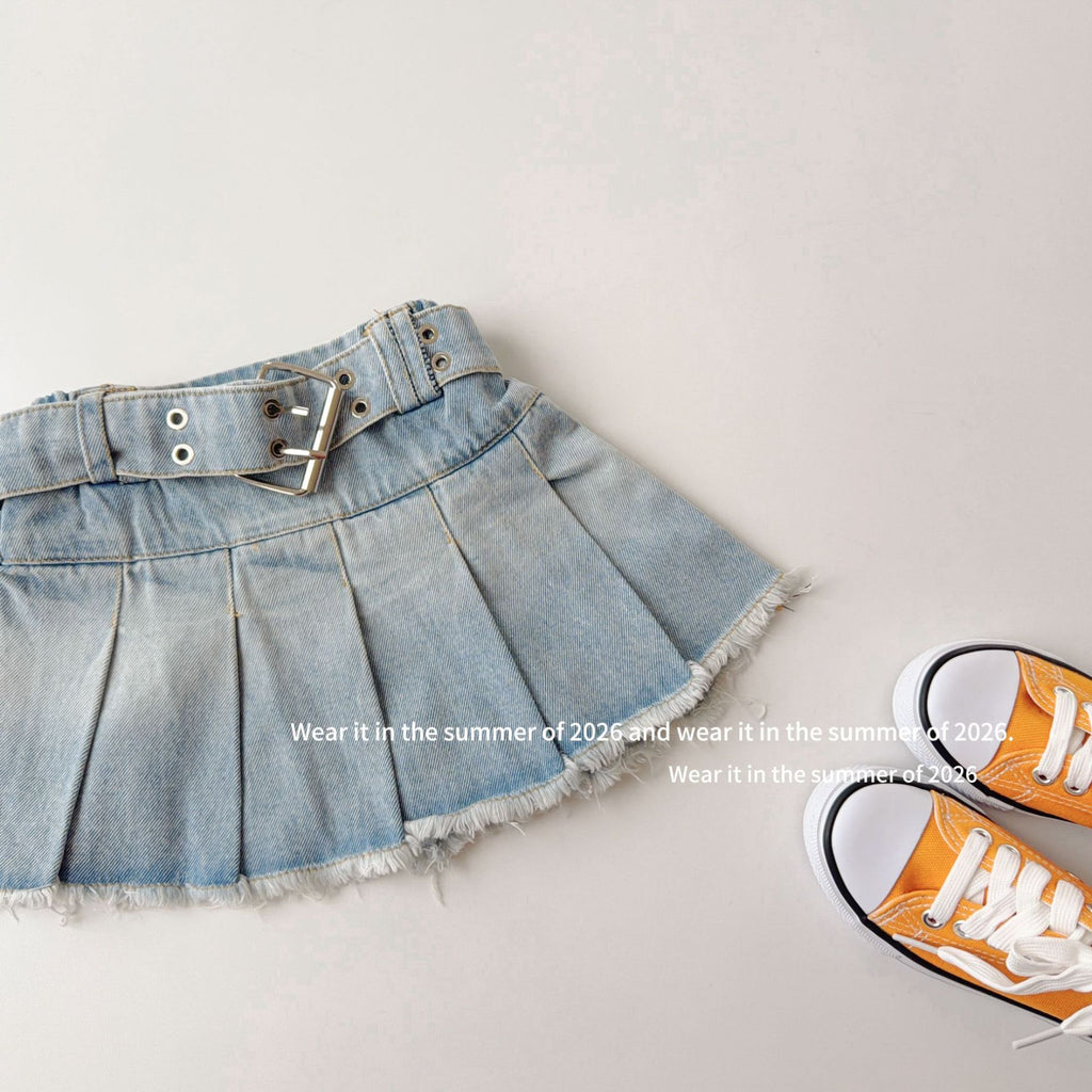 【90-150cm】荷葉邊鬆緊高腰牛仔百褶裙