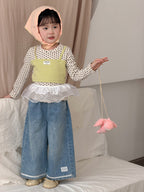 【90-140cm】韓版蕾絲花邊牛仔直筒褲