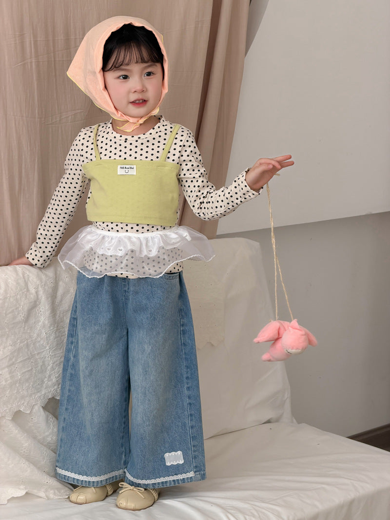 【90-140cm】韓版蕾絲花邊牛仔直筒褲