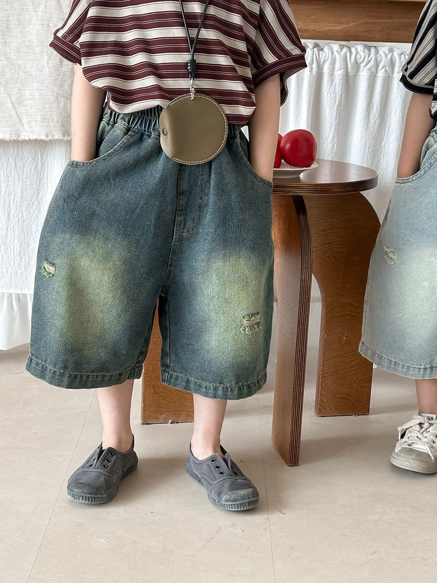 【80-140cm】磨白破洞牛仔七分褲