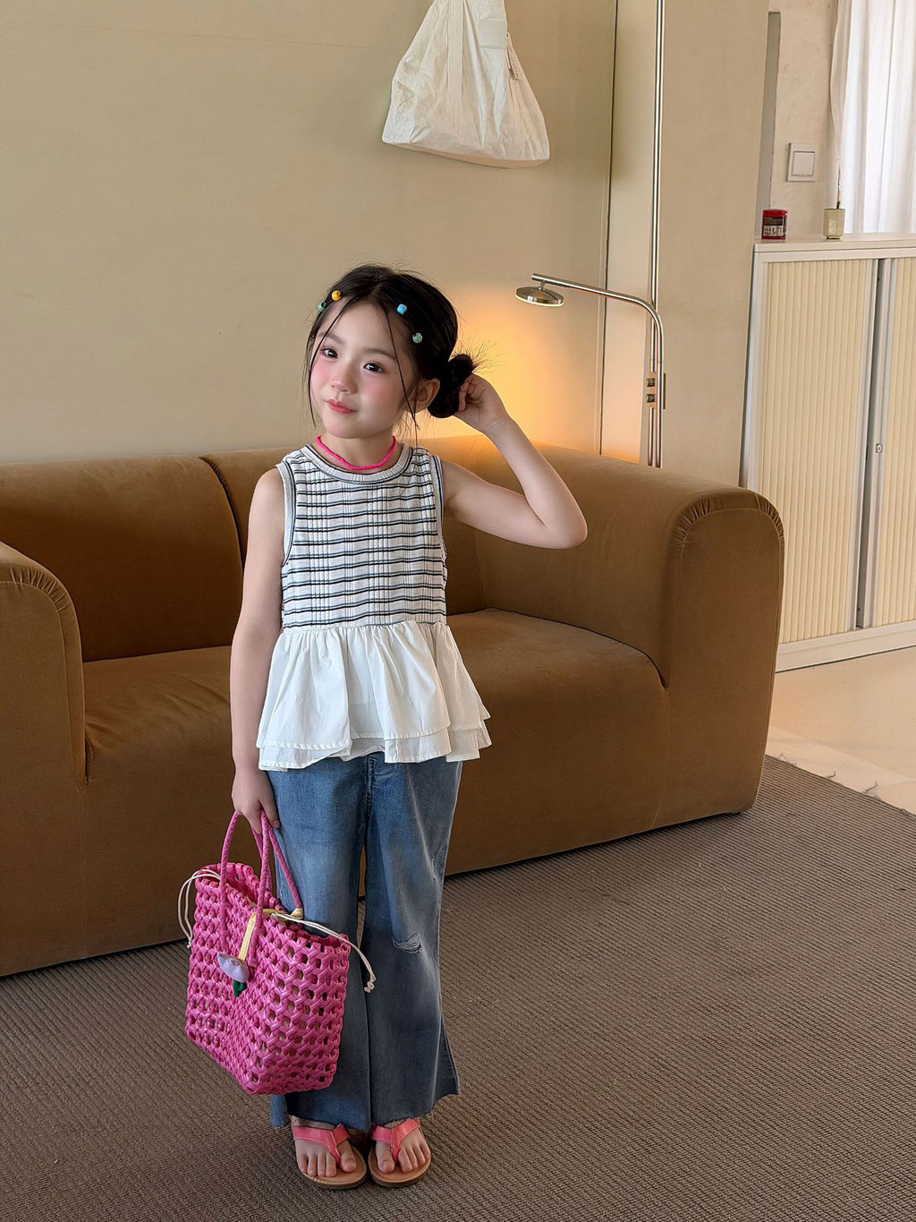 【100-160cm】條紋拼接荷葉邊背心