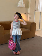 【100-160cm】條紋拼接荷葉邊背心
