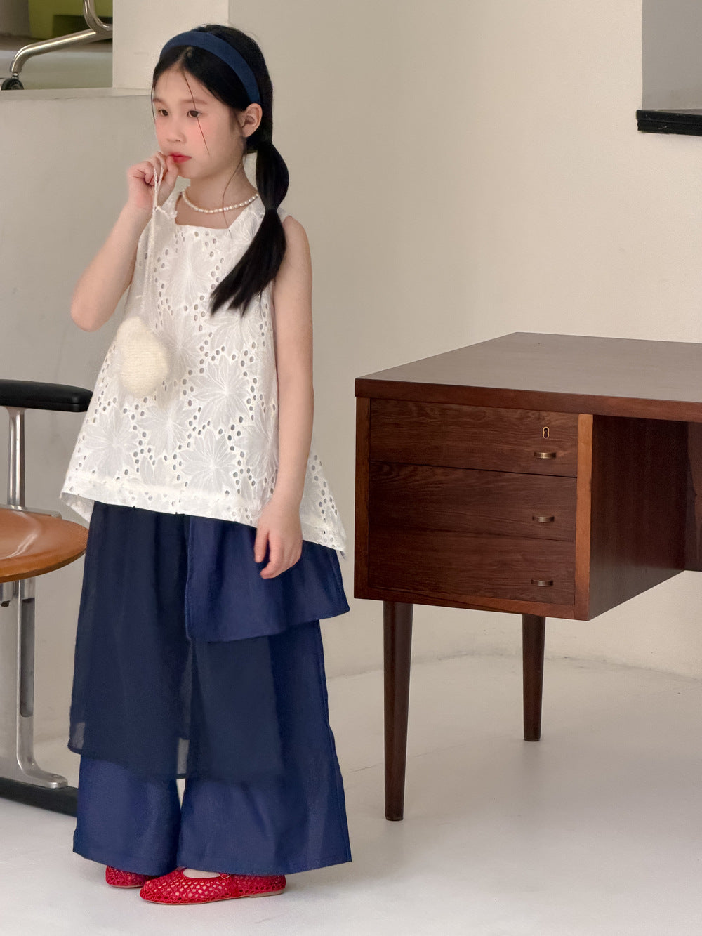 【100-160cm】韓版純色屁簾闊腿褲