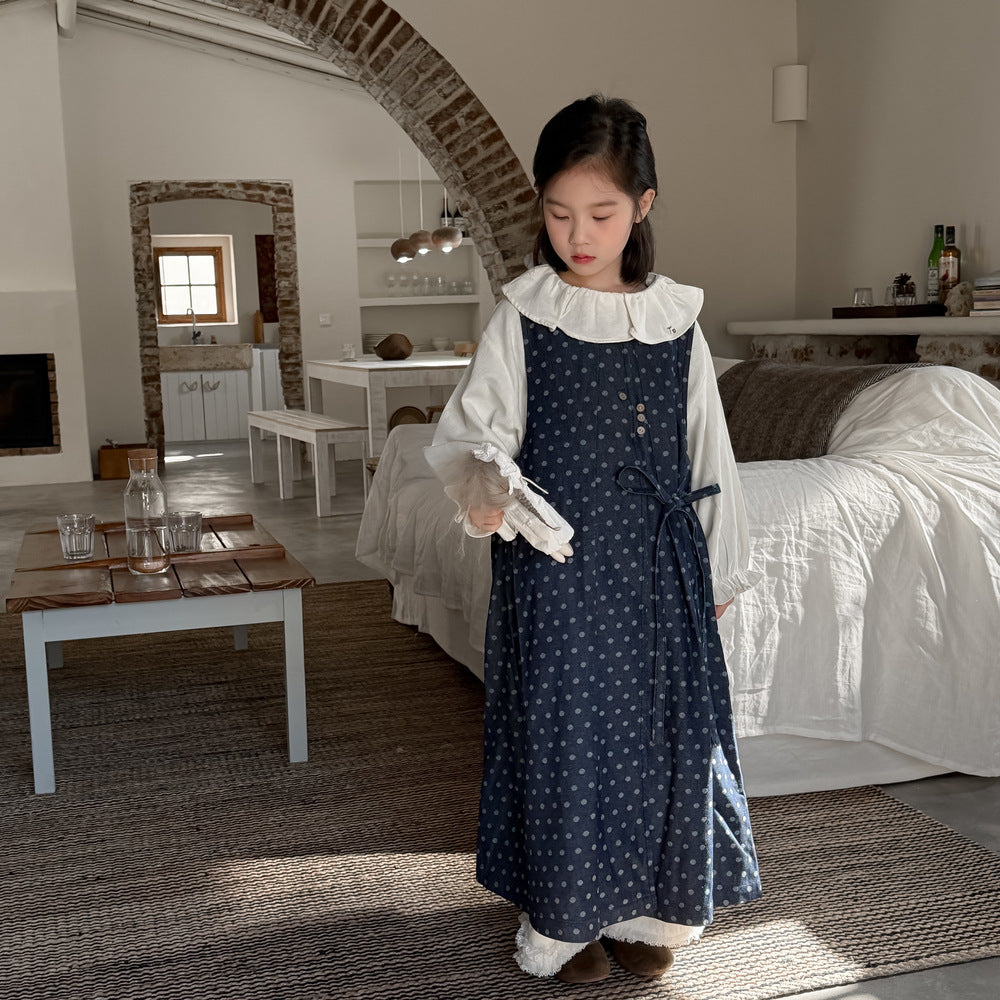 圓點繫帶長袖牛仔背心裙