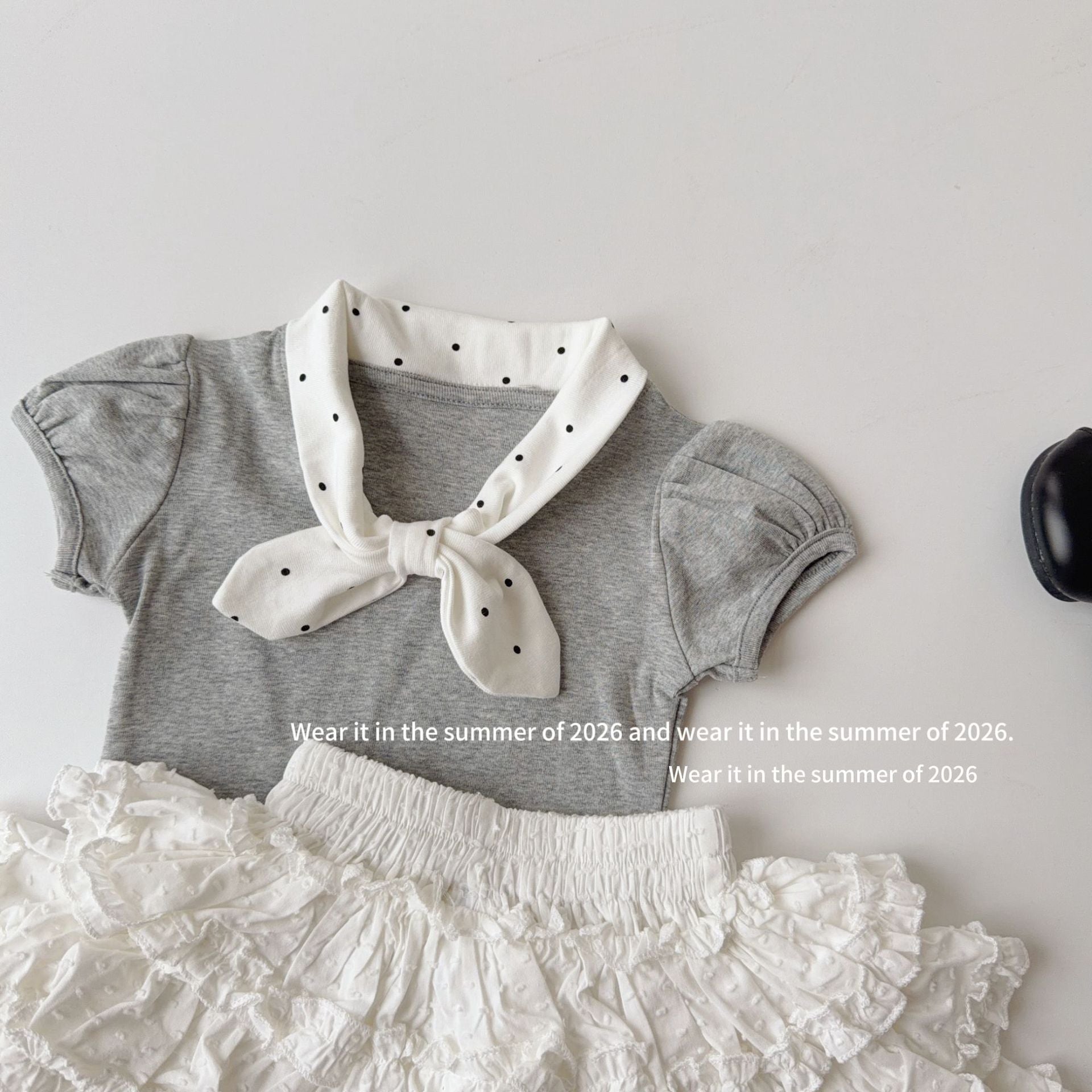 【90-150cm】復古波點蝴蝶結領短袖T