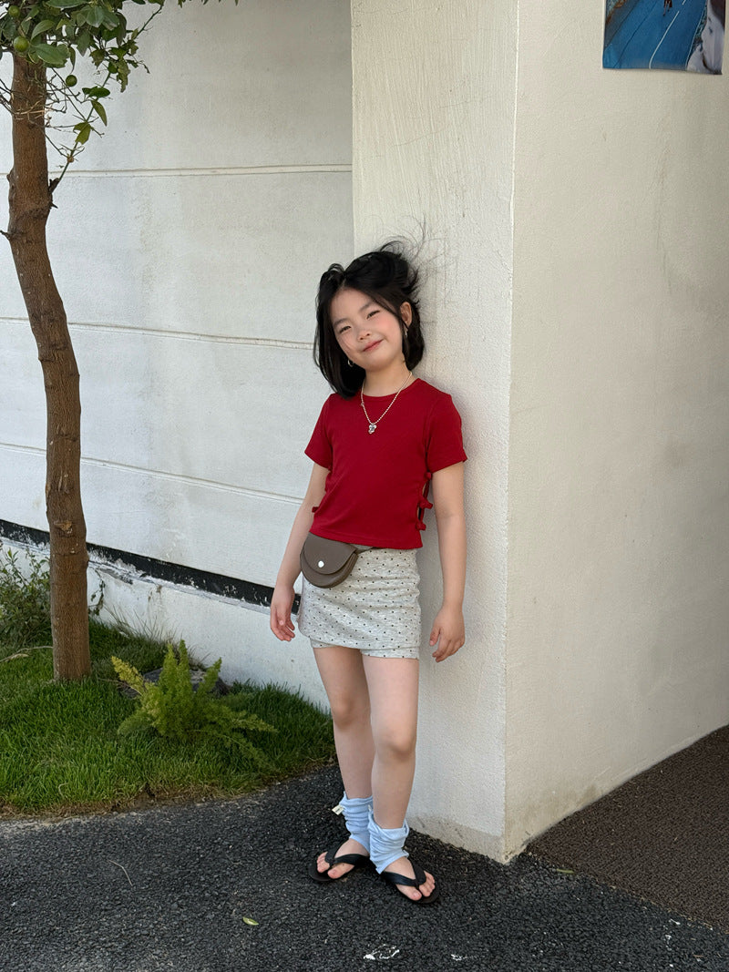 【120-160cm】韓版甜美側邊蝴蝶結短T