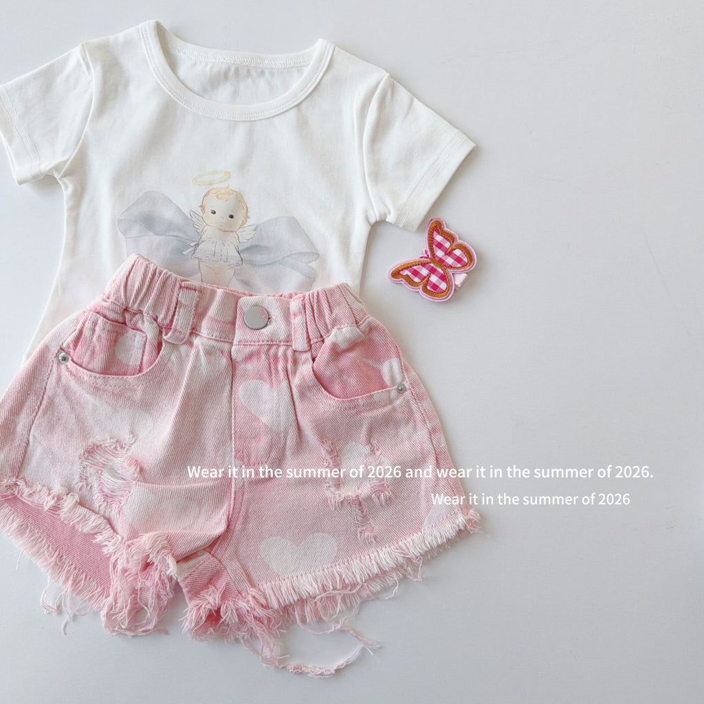 【90-150cm】粉色毛邊破洞牛仔褲