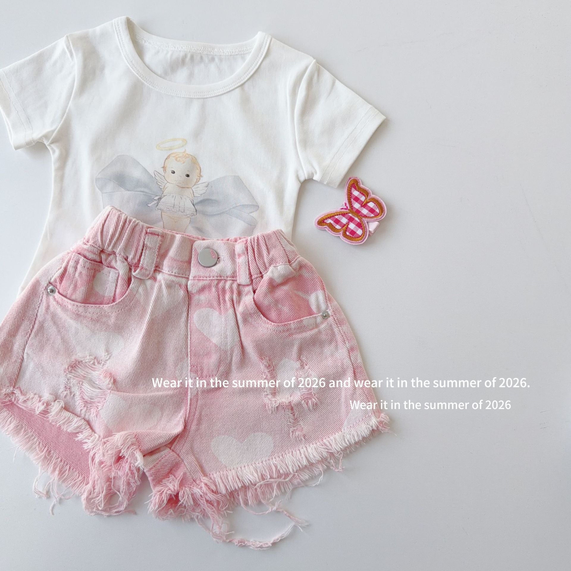 【90-150cm】粉色毛邊破洞牛仔褲