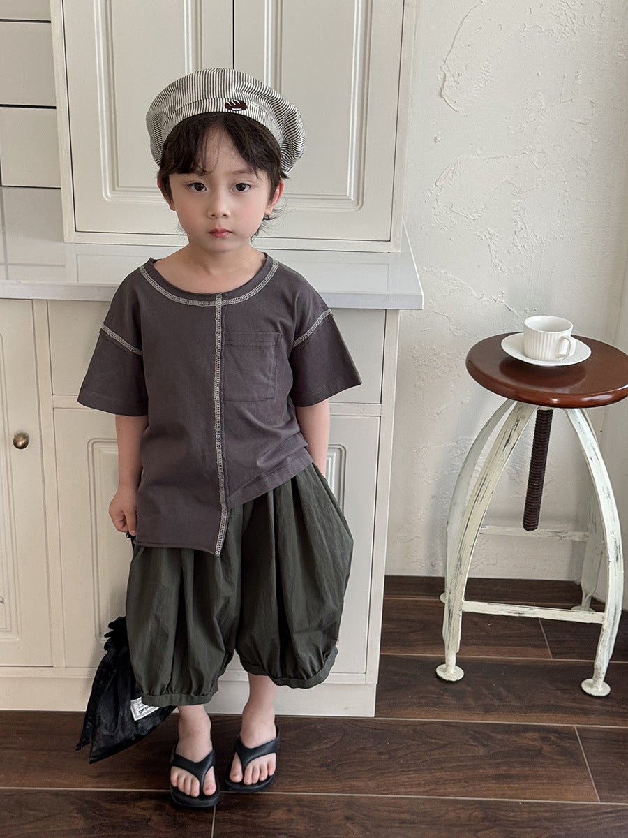【80-140cm】寬鬆不規則明線T