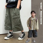 【100-170cm】復古砂洗棉做舊工裝七分褲