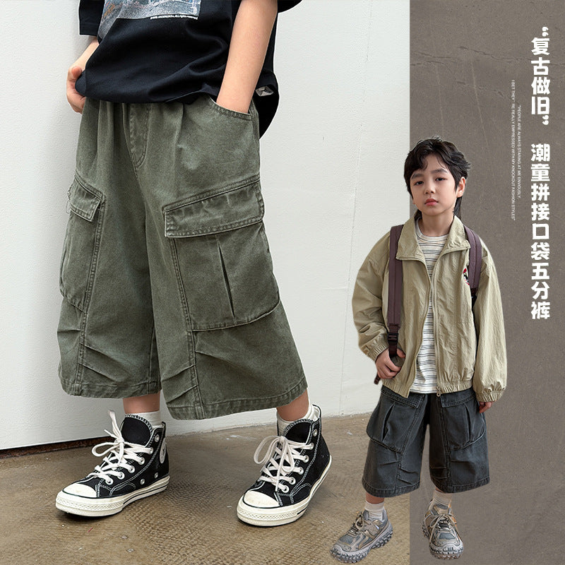 【100-170cm】復古砂洗棉做舊工裝七分褲