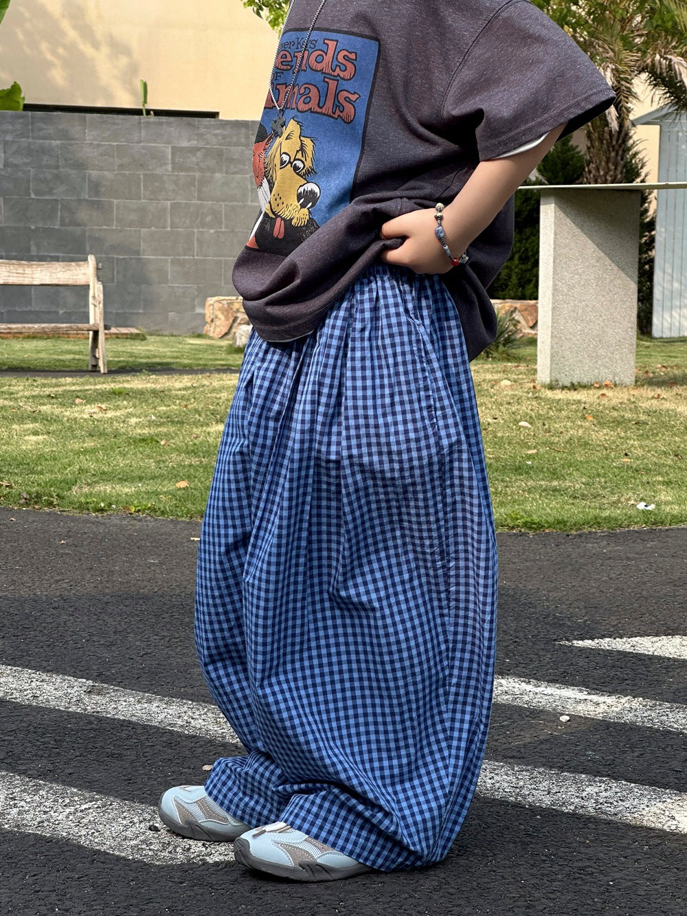 【100-160cm】藍格子寬鬆九分蘿蔔褲
